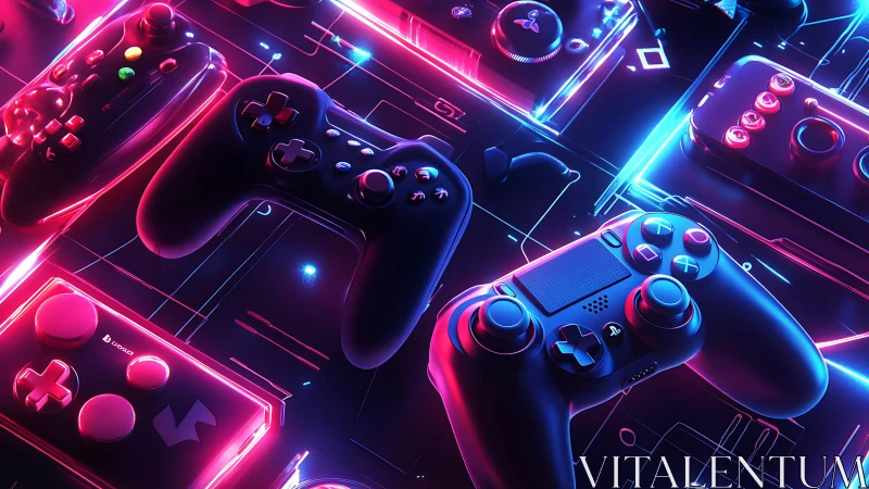 Neon lit gaming controllers in high contrast RGB glow grid