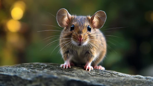 Macro wildlife study isolates mouse on stone with bokeh field