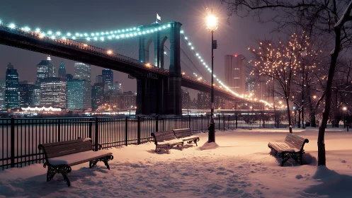 Snow-covered riverside park frames illuminated city bridge