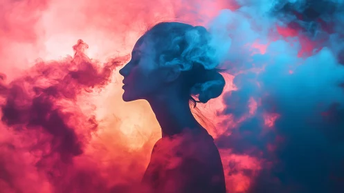 Female profile silhouette in bicolor atmospheric smoke haze