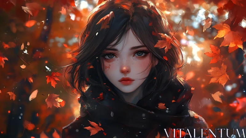 Melancholic autumn girl stands amid swirling crimson leaves
