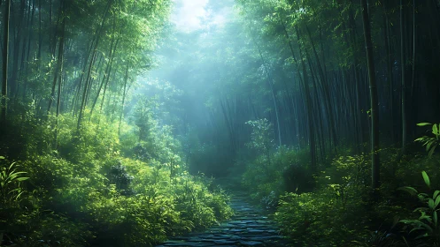 Luminous Bamboo Forest Stream Path Beneath Filtered Canopy.