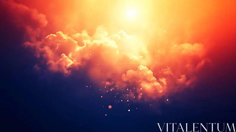 Luminous sunset clouds with glowing ember particles.