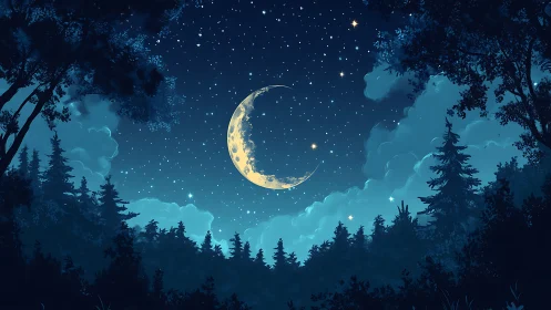 Crescent moon above conifer forest under dense star field.