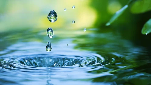 Gentle water droplets dancing over a quiet green pool.