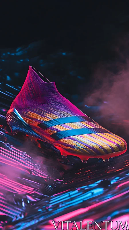 Neon gradient football boot glows over reflective chrome field.