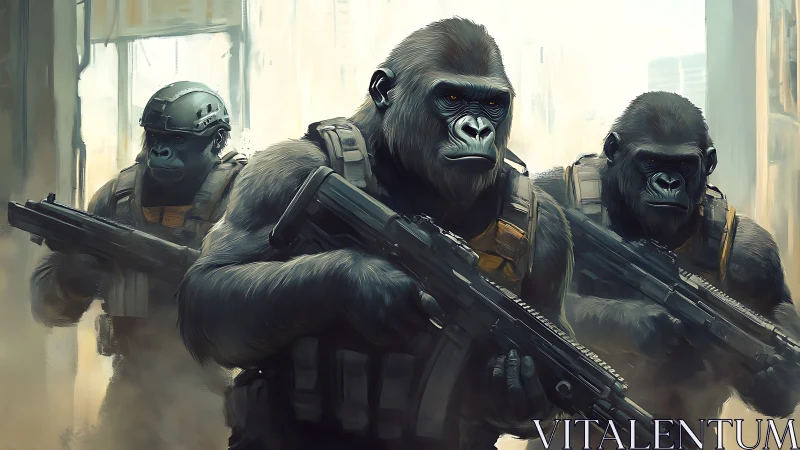 Paramilitary gorilla fireteam advances with tactical carbines drawn