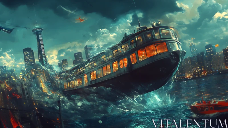 Retro-futurist commuter ferry launching from neon harbor skyline