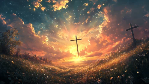 Radiant sunset illuminates three crosses on rolling hills.