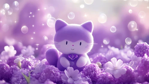 Cute Purple Cat Character Among Glowing Flowers and Magical Lights