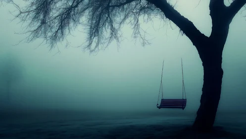 Lonely swing listens for forgotten laughter in teal mist