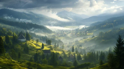 Sunlit mist over alpine valley village and rolling hills.