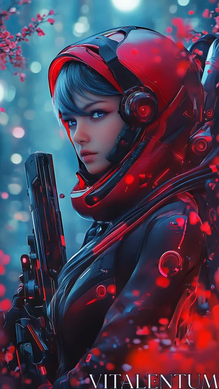 Futuristic ranger in red armor stands amid glowing forest.