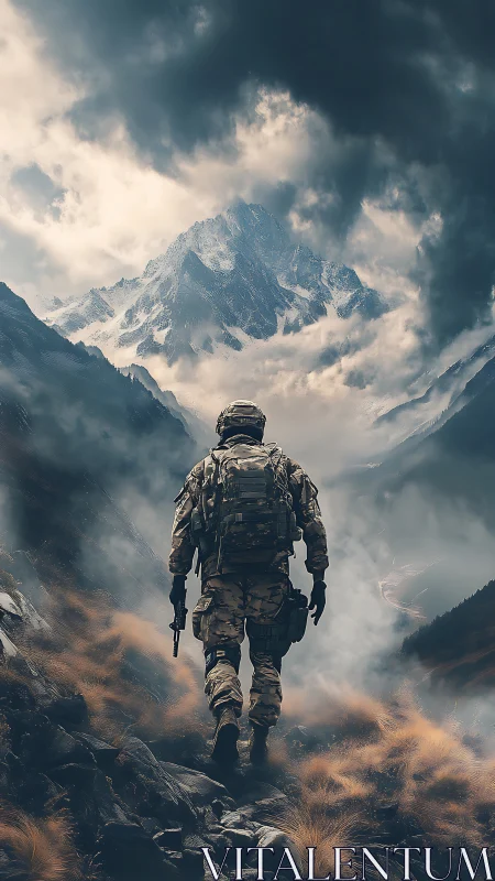 Lone soldier ascending stormy alpine pass toward jagged summit.