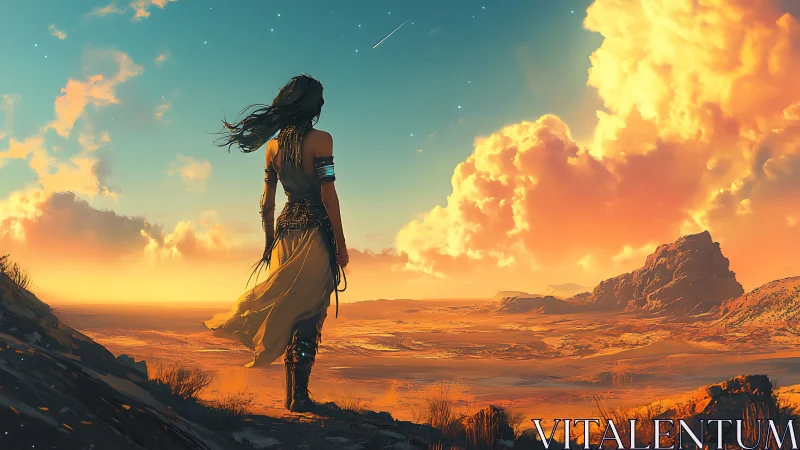 Solitary wanderer surveys a luminous desert at sunset