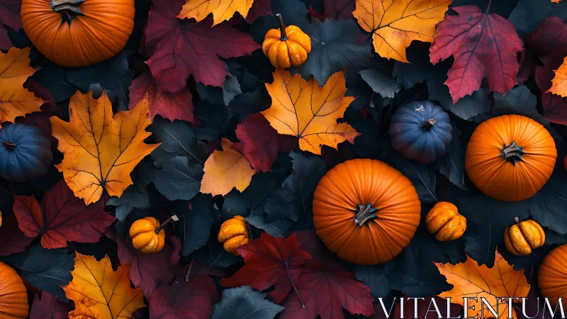 Pumpkins and autumn maple leaves in dense overhead arrangement.
