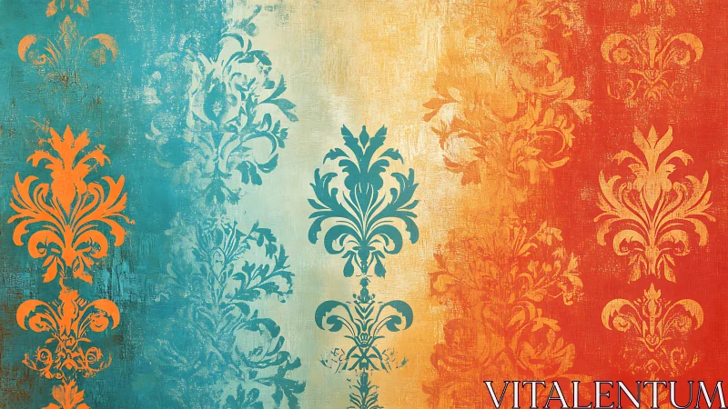 Ornate damask pattern in teal orange and gold bands.