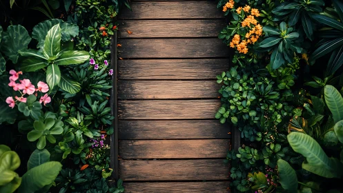 Top-down view of wooden garden path flanked by dense foliage