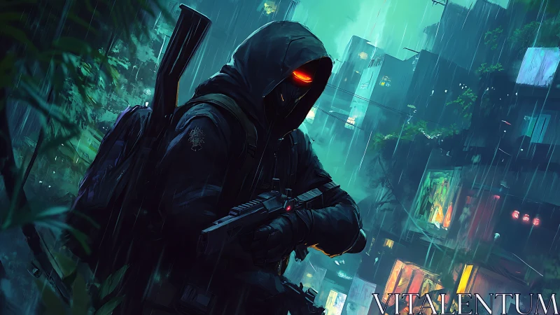 Hooded cyberpunk operative in neon rainy cityscape at night.