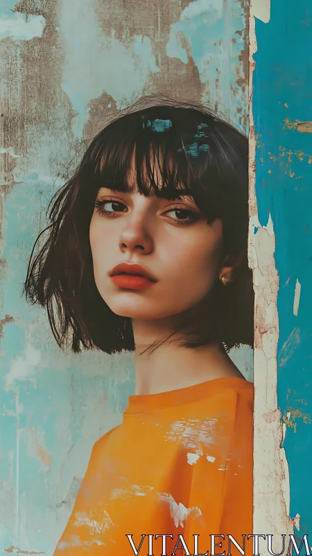 Thoughtful young woman framed by peeling turquoise wall.