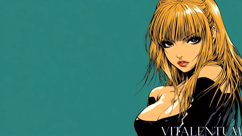 Intense blonde anime heroine on teal minimalist backdrop.