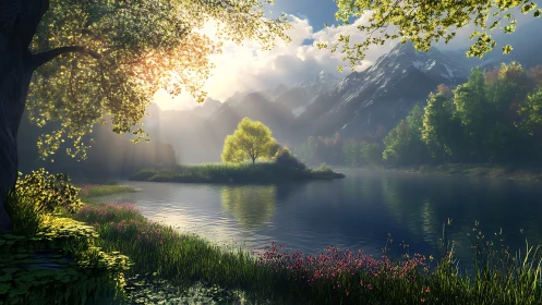 Sunlit alpine lake with glowing tree and misty peaks.