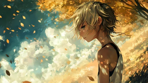 Autumnal anime profile under dappled light diffusion field.