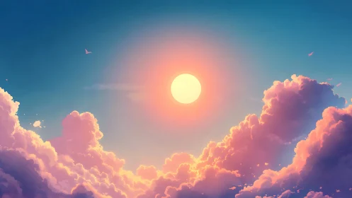 Chromatic solar disc above volumetric cotton-candy clouds.