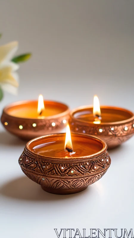 Handcrafted clay diyas glow with warm festive candlelight