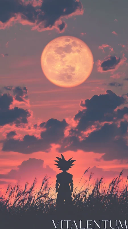 Saiyan dusk watcher beneath a strawberry moonrise sky.