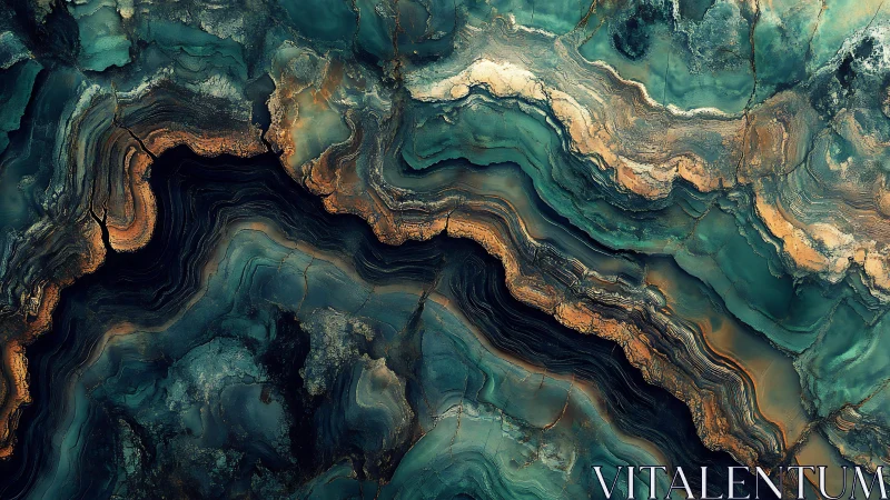 Abstract marble texture with teal and gold swirling layers, modern art.