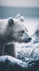 Polar bear profile in snowy landscape with soft lighting.