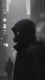 Hooded gas mask figure in foggy city street at night.
