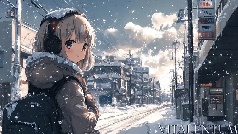 Snow-covered urban street with backpacked girl in headphones.