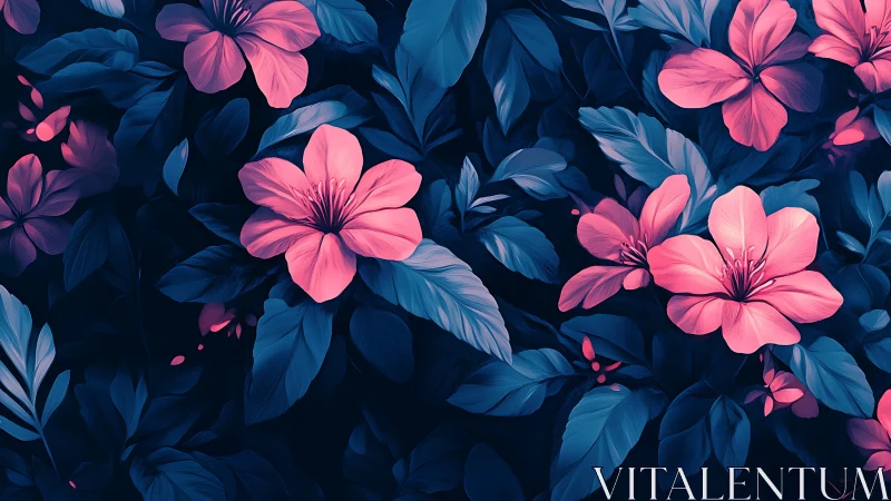 Pink Flowers Against Deep Blue Foliage.