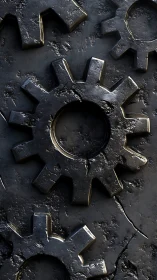 Weathered interlocking steel gears with pitted industrial patina