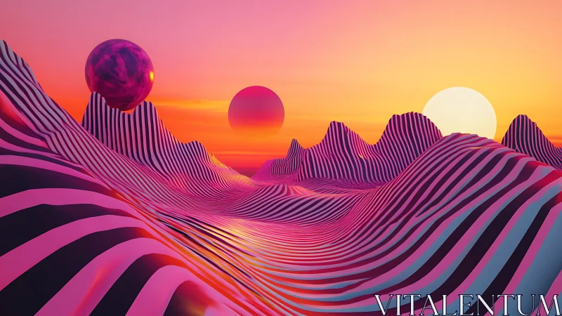 Striped neon dunes with floating spheres at synthetic sunset.