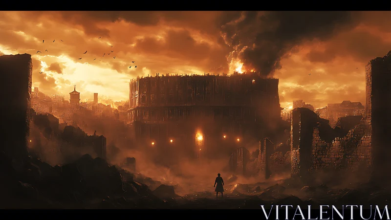 Lone figure faces burning fortress in ruined city at dusk.