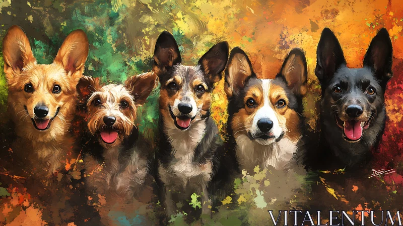 Five small dogs against abstract multicolor painted backdrop.
