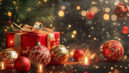 Red Christmas gifts, baubles and candles under tree.