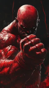 Hyper-muscular red fighter rendered with dramatic chiaroscuro lighting
