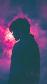 Silhouetted figure stands before neon magenta smoke cloud