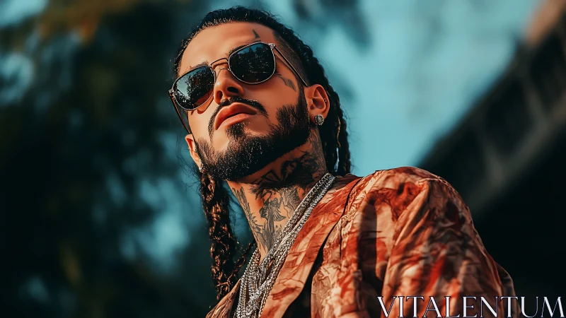 Tattooed street style icon stands confident in warm sunlight