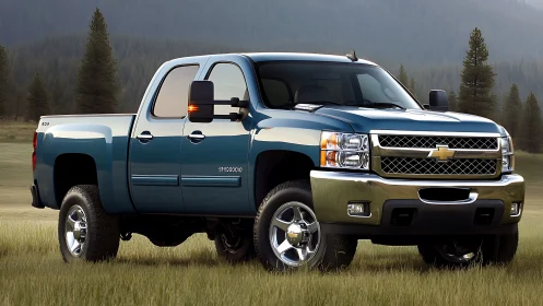 Mountain meadow workhorse truck gleams in quiet twilight calm.