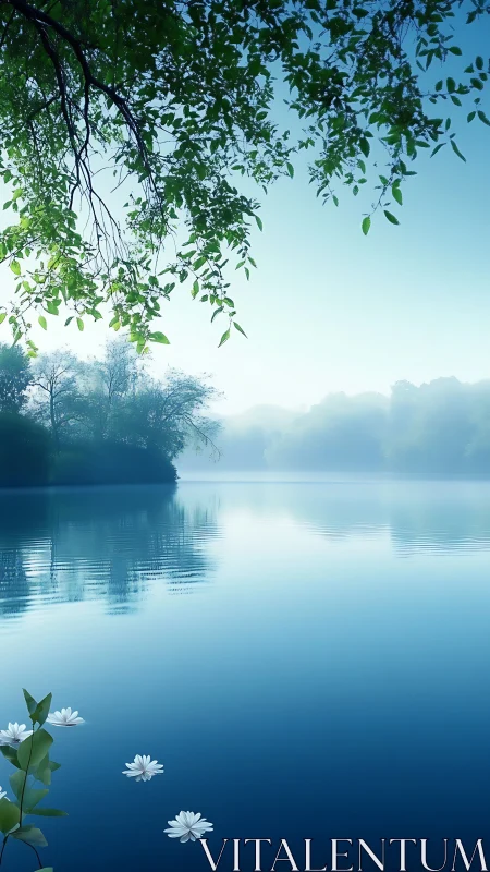 Tranquil misty lake with floating white flowers at dawn.