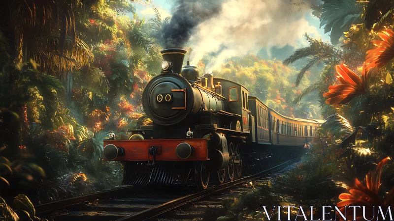 Vintage steam locomotive crossing sunlit tropical rainforest