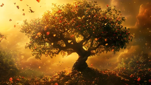 Solitary fruit tree under diffuse golden backlighting.