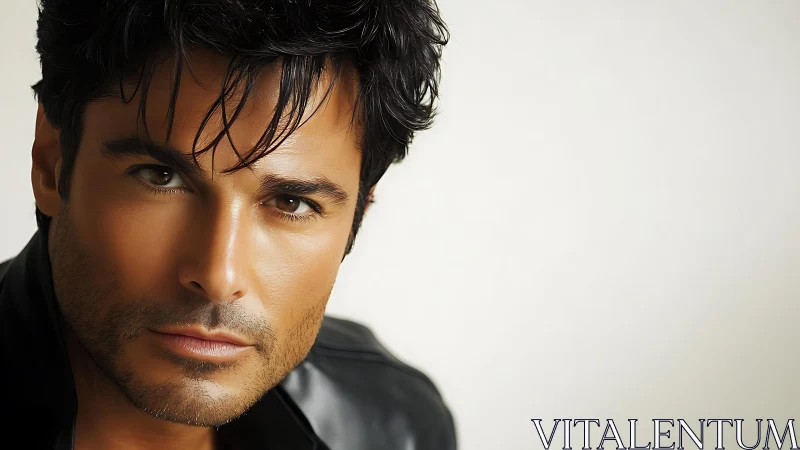 Velvet gaze slices through soft light and polished leather calm