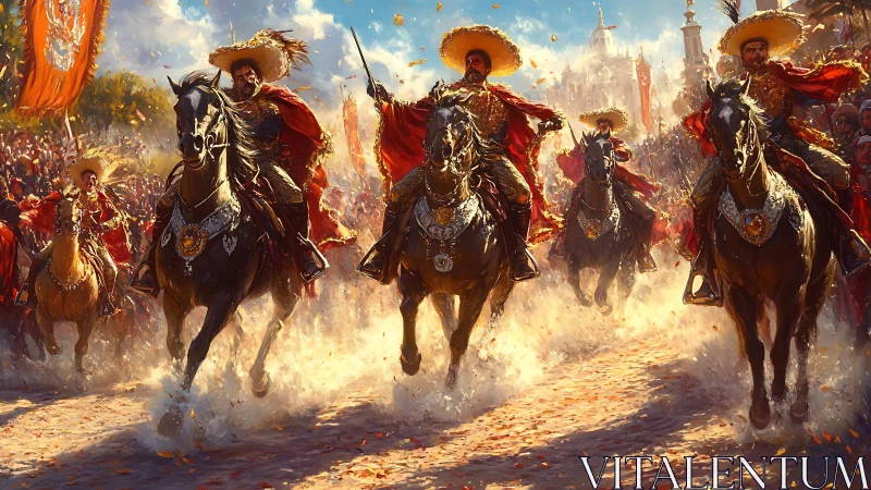 Gallant riders in golden light leading a festive parade.