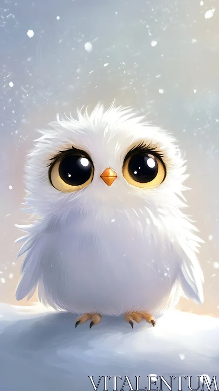 White fluffy owl chick with large eyes on snowy ground.